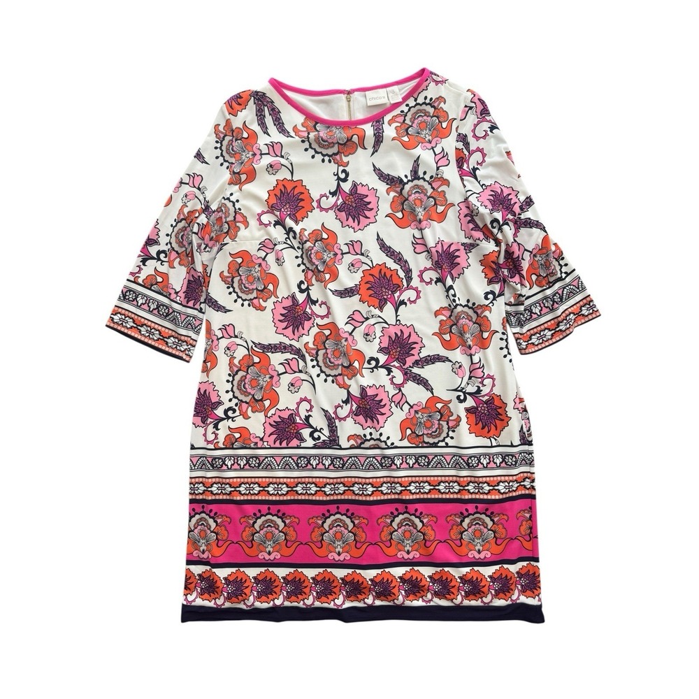 Chico's Size‎ 3 Paisley Floral Print Sheath Dress Pink Orange 3/4 Sleeves XL